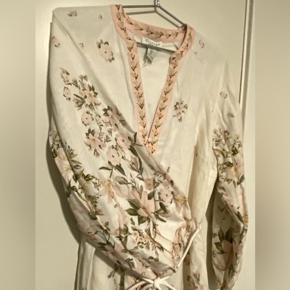 Calypso St. Barth Linen Cream Floral Long-Sleeve Midi Dress L - Picture 7 of 11